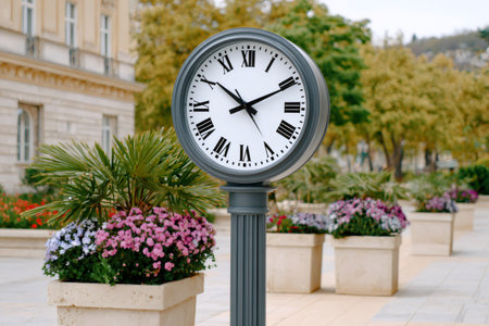 Urban street clock with Roman numerals surrounded by flowering planters on a city promenadeの素材