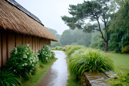 Rain falling on a garden path next to a traditional thatched-roof building, creating a peaceful atmosphereの素材