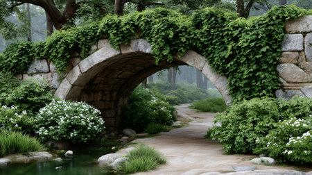 Stone arch bridge covering a meandering path and flowing water through a tranquil gardenの素材