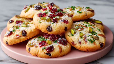Homemade cookies with cranberries, pistachios, almonds, and icing sugarの素材