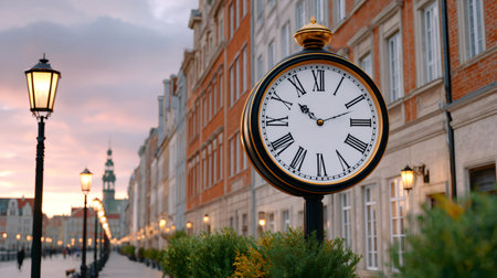 Street clock standing in front of historic buildings on a city street at sunsetの素材