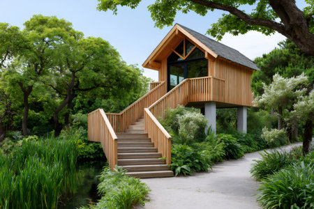 Modern wooden treehouse on stilts connected by a staircase leading to a path by a pondの素材