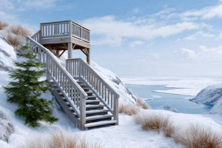 Wooden staircase leading to a lookout platform, offering a panoramic view of the vast frozen sea on a sunny winter dayの素材