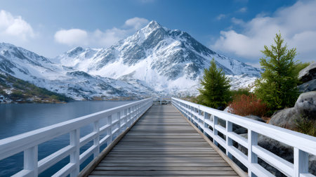Wooden pier extending over an alpine lake, leading towards a majestic snow-capped mountain under a clear skyの素材