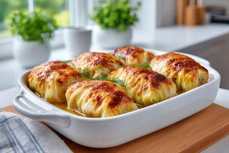 Traditional golabki or holubtsi baking in a ceramic rectangular dish on a kitchen counterの素材
