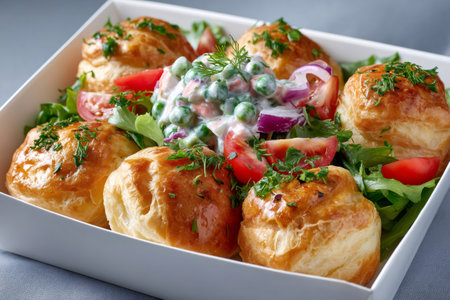 Catering platter of golden vol-au-vents surrounding a creamy pea and tomato saladの素材