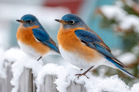 Two colorful eastern bluebirds sitting on a snow-covered fence in winterの素材