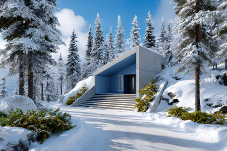 Minimalist concrete cabin blending with a serene winter forest environment under a clear skyの素材