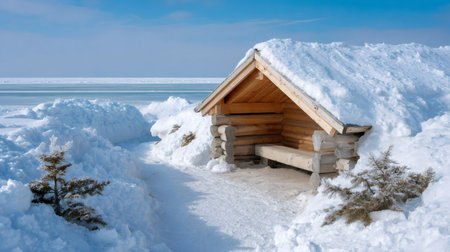 Small wooden log cabin covered in snow on the frozen lake or sea shore during winterの素材