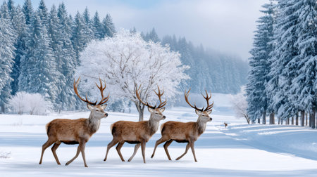 Three stags walk across a pristine snow-covered landscape with frosted treesの素材