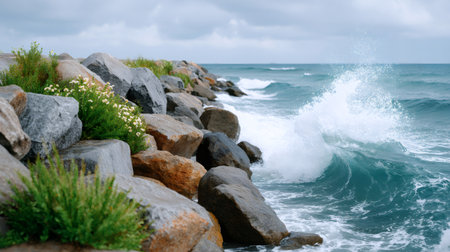 Ocean waves breaking against the coastal rocks with green plants and white flowersの素材