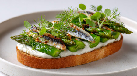 Gourmet toast with anchovies, green asparagus, and creamy cheese, perfect appetizer or snackの素材