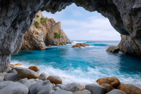 Ocean waves crashing on a rocky shore viewed from inside a natural sea caveの素材