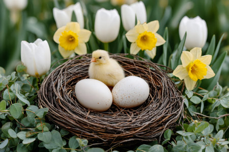 Yellow chick and natural eggs nesting among white tulips and yellow daffodils, symbolizing new lifeの素材