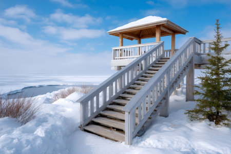 Wooden gazebo and staircase covered in snow overlooking a frozen lake and blue skyの素材