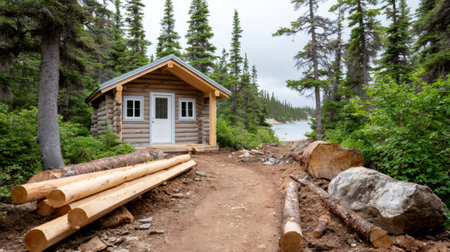 Rural log cabin building in a remote forest with a pile of logs and lakeの素材
