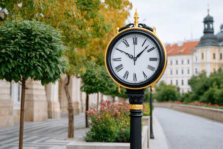Ornate street clock standing along a tree-lined pavement with old buildings in the backgroundの素材