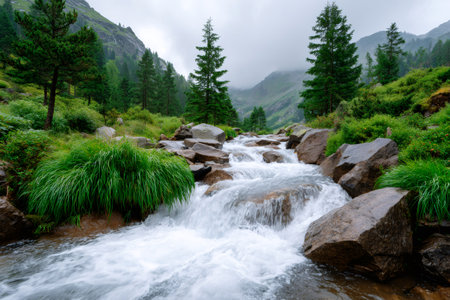 Rushing clean water of a mountain stream with lush green vegetation and treesの素材