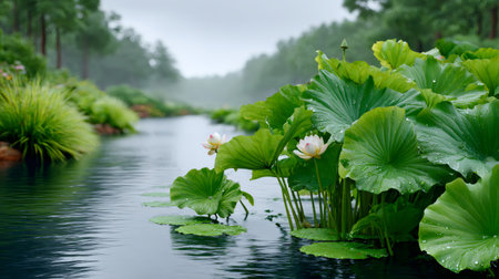 Lotus flowers and leaves with water drops growing in a serene, misty pond surrounded by green foliageの素材