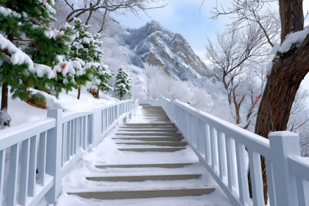 Winter landscape with snow-covered stairs and trees in Seoraksan National Park, South Koreaの素材