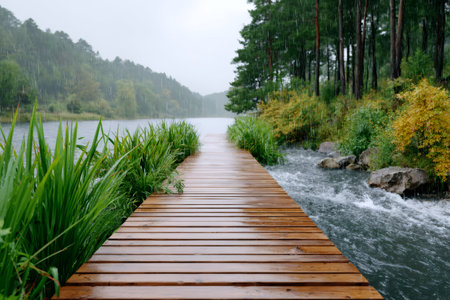 Wooden pier extending into a calm lake surrounded by forest during a gentle rainの素材