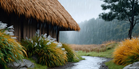 Thatched cottage offers shelter from heavy rain falling over a tranquil autumn landscapeの素材