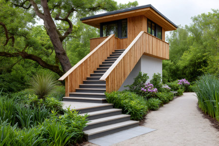 Elegant modern cabin with outdoor staircase surrounded by green plants and a gravel pathの素材