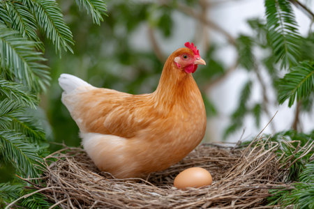 Brown chicken sitting in a bird nest with an egg among green evergreen branchesの素材