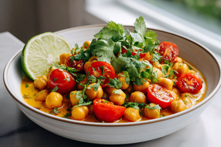 Healthy vegan chickpea curry bowl with fresh tomatoes, cilantro, and lime for a nutritious mealの素材