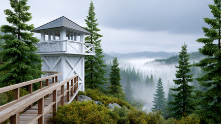 White fire watchtower with wooden walkway viewing misty pine forest in a valleyの素材