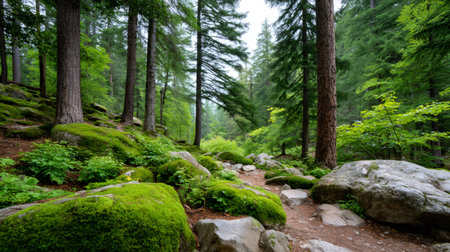 Forest path winding through vibrant green moss, ancient rocks, and towering treesの素材