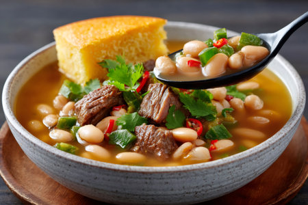 Hearty stew with beef, white beans, green peppers, and red chili, served with cornbreadの素材