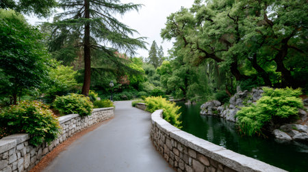 Park pathway with stone walls winding alongside a still pond reflecting green treesの素材