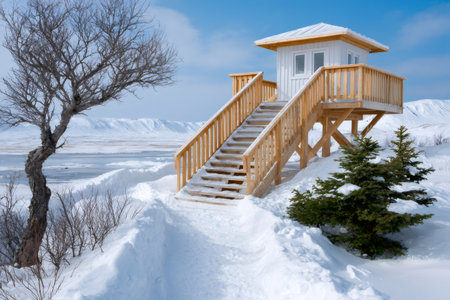 Snow covering a wooden lookout building and path overlooking a frozen landscapeの素材