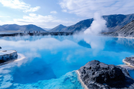 People enjoying a relaxing soak in Iceland's vibrant blue geothermal hot springsの素材