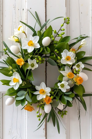 Easter wreath with narcissus flowers and eggs hanging on a rustic white doorの素材