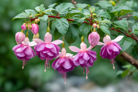 Vibrant fuchsia flowers displaying their delicate petals and contrasting colors in natureの素材