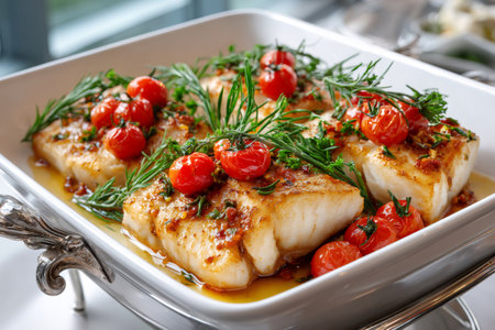 Baked cod fillets with cherry tomatoes and rosemary served in a white dishの素材