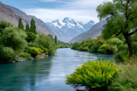 Indus river carving its way through a lush green valley with towering snow-capped mountainsの素材