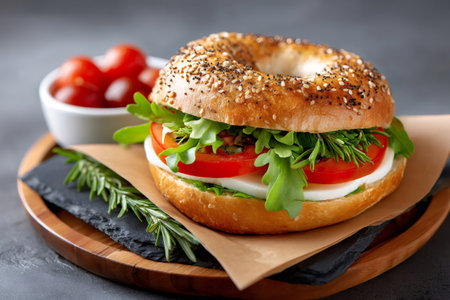 Bagel sandwich filled with fresh mozzarella, tomato, and arugula on a wooden boardの素材