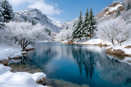 Serene winter scene showing snow-covered mountains, trees, and lake with clear blue waterの素材