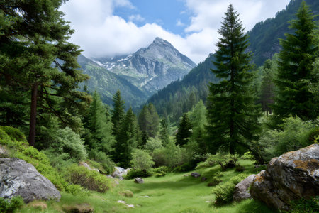 Lush green forest and grassland in an alpine valley with a snow-capped mountainの素材