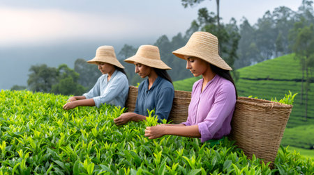 Women picking fresh tea leaves into baskets on a lush green plantationの素材