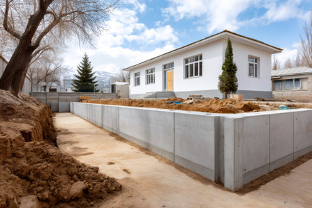 New house construction with concrete foundation walls and surrounding dirt excavationの素材