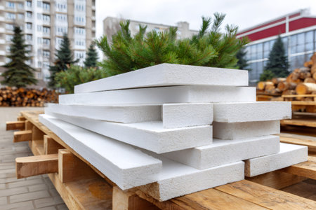 Stack of white polystyrene foam insulation boards on a pallet, ready for constructionの素材