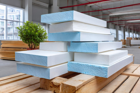 Stacked foam panels showing thermal insulation and construction material in an industrial indoor spaceの素材