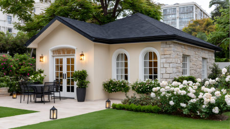 Elegant guest house featuring an outdoor patio, garden, and blooming white rose bushesの素材