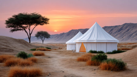 White safari tents offering premium accommodation in a dry savanna landscape at sunsetの素材
