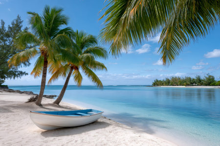 Small boat resting on white sand under palm trees by calm turquoise ocean waterの素材