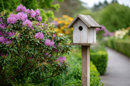 Wooden birdhouse placed among lush green foliage and vibrant purple rhododendron flowers in a gardenの素材